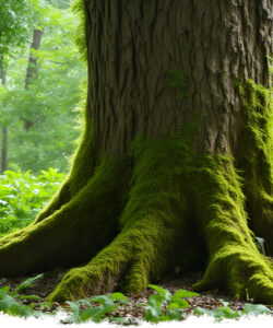 Photograph-of-a-tree-trunk-with-thick-green-moss-at-its-base-surrounded-by-lush-greenery-in-a-forest