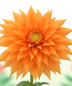 Photograph-of-a-vibrant-orange-dahlia-flower-with-pointed-petals-set-against-a-soft-focus-blurred-pink-and-green-background