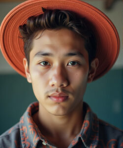 Photograph-of-a-young-Asian-man-with-short-dark-hair-wearing-an-orange-hat-and-grey-shirt-against-a-blurred-background