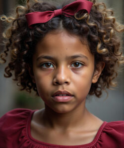 Photograph-of-a-young-Black-girl-with-curly-hair-red-bow-and-maroon-dress-serious-expression-urban-background