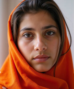 Photograph-of-a-young-South-Asian-woman-with-medium-skin-brown-eyes-and-straight-dark-hair-wearing-an-orange-shawl