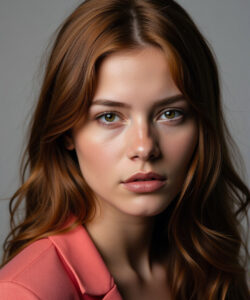 Photograph-of-a-young-fair-skinned-woman-with-wavy-brown-hair-green-eyes-and-wearing-a-coral-blazer