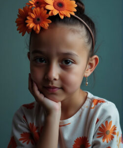 Photograph-of-a-young-girl-with-light-brown-skin-brown-hair-orange-flower-headband-floral-dress-and-dangling-earrings