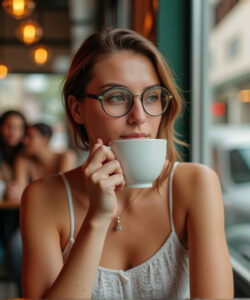 Photograph-of-a-young-woman-with-glasses-white-tank-top-holding-a-cup-sitting-by-a-cafe-window-blurred-background