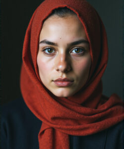 Photograph-of-a-young-woman-with-light-olive-skin-brown-eyes-wearing-a-red-hijab-and-dark-clothing