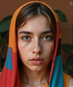 Photograph-of-a-young-woman-with-light-skin-brown-eyes-freckles-wearing-a-colorful-headscarf-and-orange-top