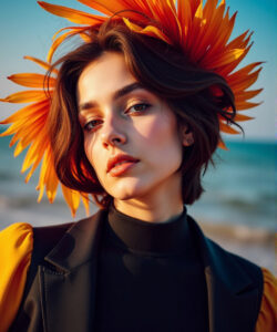 Photograph-of-a-young-woman-with-short-brown-hair-orange-floral-headpiece-yellow-top-black-turtleneck-ocean-background