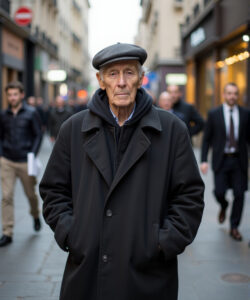 Photograph-of-an-elderly-man-in-a-black-coat-and-flat-cap-walking-down-a-busy-European-street-with-people