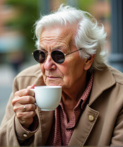 Photograph-of-an-elderly-white-woman-with-short-white-hair-sunglasses-and-a-tan-jacket-holding-a-white-coffee-cup