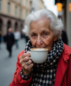 Photograph-of-an-elderly-white-woman-with-white-hair-holding-a-cup-of-coffee-wearing-a-red-coat-and-scarf