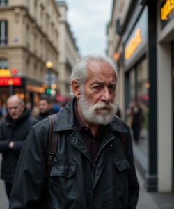 Photograph-of-elderly-white-man-with-gray-beard-wearing-leather-jacket-walking-on-a-European-street-with-blurred-background