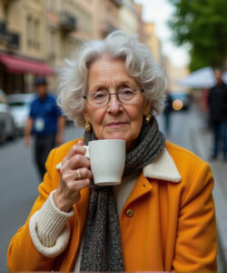 Photograph-of-elderly-white-woman-with-curly-white-hair-glasses-in-orange-coat-gray-scarf-holding-white-mug-on-street