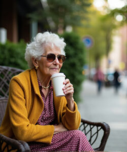 Photograph-of-elderly-white-woman-with-short-white-hair-wearing-sunglasses-yellow-cardigan-pink-polka-dot-dress-holding-coffee-cup