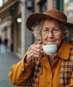 Photograph-of-elderly-woman-with-curly-hair-glasses-and-brown-hat-sipping-coffee-on-a-quaint-sunlit-cobblestone-street