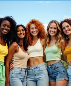 Photograph-of-five-smiling-women-in-colorful-summer-outfits-standing-in-a-sunflower-field-under-a-clear-blue-sky
