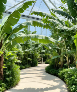 Photograph-of-lush-tropical-greenhouse-interior-featuring-winding-path-vibrant-banana-plants-and-dense-foliage-under-glass-ceiling