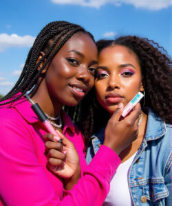 Photograph-of-two-Black-women-with-braids-and-curly-hair-wearing-pink-and-denim-jackets-holding-lipsticks-against-a-blue-sky