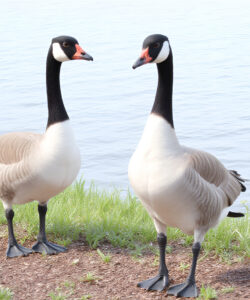 Photograph-of-two-Canada-geese-standing-on-grassy-shore-beside-calm-lake-with-one-facing-the-other-Both-have-black-heads-white-necks-and-brown-bodies-Water-and-sky-form-serene-background