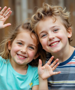 Photograph-of-two-blonde-Caucasian-children-a-boy-and-a-girl-smiling-and-waving-in-front-of-a-wooden-fence