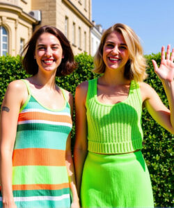 Photograph-of-two-smiling-light-skinned-women-in-colorful-striped-dresses-standing-in-front-of-a-lush-hedge-waving-cheerfully