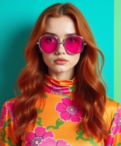 The-image-is-a-high-resolution-photograph-of-a-young-woman-with-long-wavy-auburn-hair-She-is-standing-against-a-vibrant-background-consisting-of-three-vertical-stripes-in-the-colors-orange-green