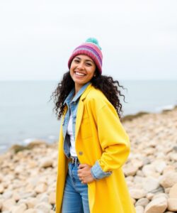 The-photograph-captures-a-joyful-young-woman-standing-on-a-rocky-beach-facing-the-camera-with-a-wide-genuine-smile-She-has-long-curly-dark-hair-and-a-light-brown-complexion-She-wears-a-vibrant