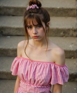 The-photograph-captures-a-young-woman-seated-on-a-concrete-staircase-likely-in-an-urban-setting-She-has-light-skin-with-a-delicate-heart-shaped-face-and-expressive-hazel-eyes-Her-brown-hair