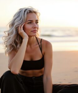 The-photograph-captures-a-young-woman-sitting-on-a-sandy-beach-during-sunset-She-has-light-wavy-blonde-hair-that-falls-past-her-shoulders-and-a-fair-complexion-Her-eyes-are-a-striking-blue-and