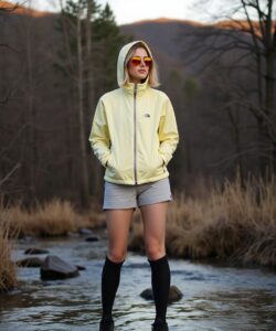 The-photograph-captures-a-young-woman-standing-confidently-on-a-flat-rock-in-a-shallow-stream-surrounded-by-a-serene-autumnal-forest-She-is-wearing-a-light-yellow-windbreaker-jacket-with-a-small-logo-on