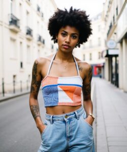 The-photograph-captures-a-young-woman-standing-on-a-narrow-cobblestone-street-in-a-European-city-possibly-Paris-based-on-the-architecture-and-the-presence-of-black-wrought-iron-balconies-She-is-of