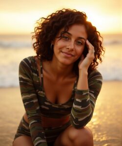The-photograph-captures-a-young-woman-with-a-light-brown-complexion-and-curly-dark-brown-hair-posing-on-a-beach-at-sunset-She-has-a-warm-inviting-smile-and-is-kneeling-on-the-wet-sand-close