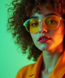 The-photograph-captures-a-young-woman-with-a-light-complexion-and-curly-voluminous-hair-that-frames-her-face-She-wears-large-round-transparent-glasses-with-a-yellow-tint-which-casts-a-warm-hue-on