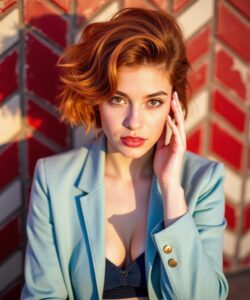 The-photograph-captures-a-young-woman-with-striking-red-hair-styled-in-a-voluminous-wavy-bob-She-has-fair-skin-and-striking-green-eyes-accentuated-by-subtle-makeup-Her-expression-is-neutral