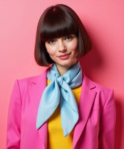 The-photograph-features-a-young-woman-standing-against-a-solid-bright-pink-background-She-has-a-straight-chin-length-bob-with-blunt-bangs-framing-her-face-and-accentuating-her-sharp-features-Her-skin