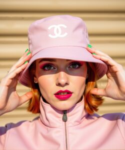 The-photograph-features-a-young-woman-with-light-skin-and-straight-shoulder-length-auburn-hair-She-is-wearing-a-light-pink-bucket-hat-with-a-white-C-logo-on-the-front-which-she
