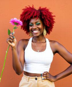 This-is-a-high-resolution-photograph-of-a-young-Black-woman-with-a-joyful-expression-standing-against-a-solid-warm-orange-wall-She-has-a-radiant-dark-brown-complexion-and-striking-voluminous-curly