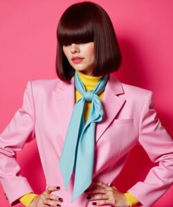 This-is-a-high-resolution-photograph-of-a-young-woman-standing-against-a-solid-bright-pink-background-She-has-a-straight-chin-length-bob-haircut-with-blunt-bangs-styled-in-a-sleek-modern-manner