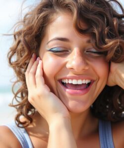 This-is-a-high-resolution-photograph-of-a-young-woman-with-curly-medium-length-brown-hair-captured-in-a-candid-joyful-expression-She-is-smiling-broadly-showing-her-teeth-and-her-eyes-are-closed