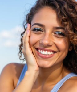 This-is-a-high-resolution-photograph-of-a-young-woman-with-curly-medium-length-brown-hair-smiling-broadly-showcasing-her-bright-white-teeth-She-has-a-small-silver-nose-ring-on-her-right-nostr