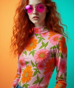 This-is-a-high-resolution-photograph-of-a-young-woman-with-long-wavy-bright-red-hair-She-stands-in-a-vibrant-contemporary-setting-with-a-split-background-featuring-a-teal-stripe-on-the-left-and