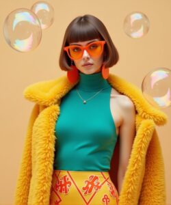 This-is-a-highly-stylized-digitally-created-image-of-a-young-woman-standing-against-a-solid-pale-beige-background-She-is-wearing-a-vibrant-bright-yellow-faux-fur-coat-draped-over-her-shoulders-which