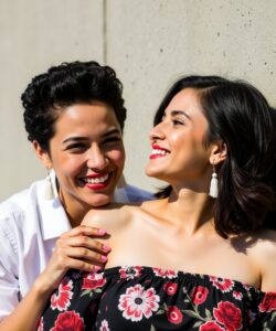 This-is-a-photograph-capturing-a-joyful-moment-between-two-women-standing-against-a-plain-light-beige-concrete-wall-The-woman-on-the-left-has-short-curly-dark-hair-and-a-medium-complexion-She-is-wearing
