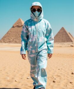 This-is-a-photograph-featuring-a-person-walking-in-a-desert-setting-with-the-iconic-pyramids-of-Giza-in-the-background-The-person-is-dressed-in-a-light-blue-and-white-camouflage-jumpsuit-with-a-matching