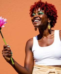 This-is-a-photograph-of-a-young-woman-standing-against-a-solid-warm-orange-wall-She-has-a-dark-brown-complexion-and-curly-vibrant-red-hair-Her-joyful-expression-features-a-broad-smile-with-her