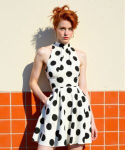 This-is-a-photograph-of-a-young-woman-standing-against-a-wall-with-a-tiled-surface-The-wall-is-divided-horizontally-into-two-sections-the-upper-part-is-a-light-beige-color-while-the-lower-part-is
