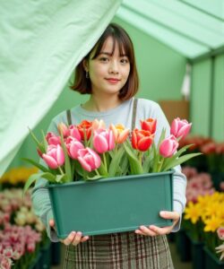 This-is-a-photograph-of-a-young-woman-standing-in-a-greenhouse-She-has-a-light-complexion-straight-brown-hair-and-is-wearing-a-light-gray-sweater-and-a-brown-plaid-skirt-She-holds-a