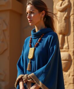 This-is-a-photograph-of-a-young-woman-standing-in-front-of-a-sandstone-wall-with-ancient-Egyptian-hieroglyphs-The-woman-has-light-brown-hair-tied-back-in-a-low-ponytail-and-is-wearing