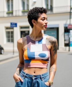 This-is-a-photograph-of-a-young-woman-standing-on-a-city-street-She-has-a-medium-dark-skin-tone-and-short-curly-hair-styled-in-a-natural-afro-She-is-wearing-a-sleeveless-crop