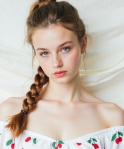 This-is-a-photograph-of-a-young-woman-with-a-fair-complexion-and-light-brown-hair-styled-in-a-long-thick-braid-that-falls-over-her-right-shoulder-She-has-a-slender-build-and-a-delicate-facial