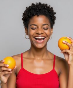 This-is-a-photograph-of-a-young-woman-with-a-joyful-expression-captured-against-a-plain-light-gray-background-She-has-a-medium-dark-skin-tone-and-short-curly-black-hair-She-is-wearing-a